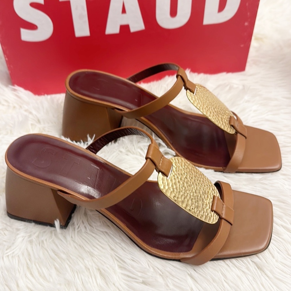 NIB $350 STAUD Margot Tan Leather Gold Metal block heel sandals women size 6.5
